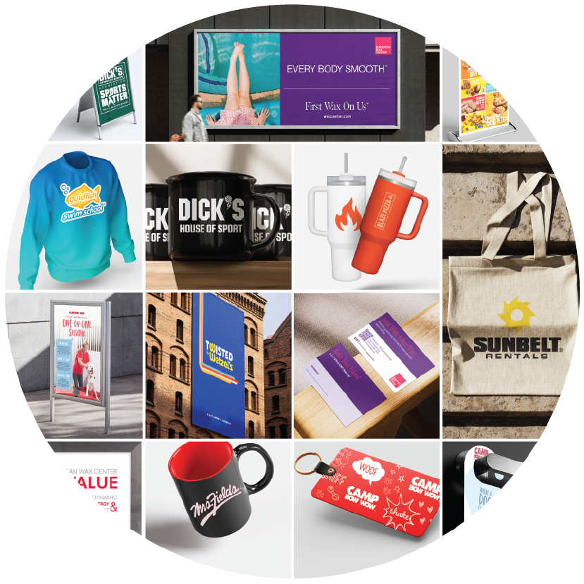 Circle with a collage of custom promotional products for business
